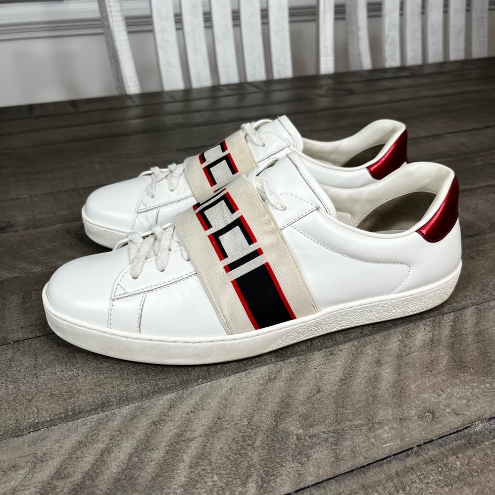 Gucci Ace Striped Ivory Leather Sneakers Sz 10 - Picture 2 of 7